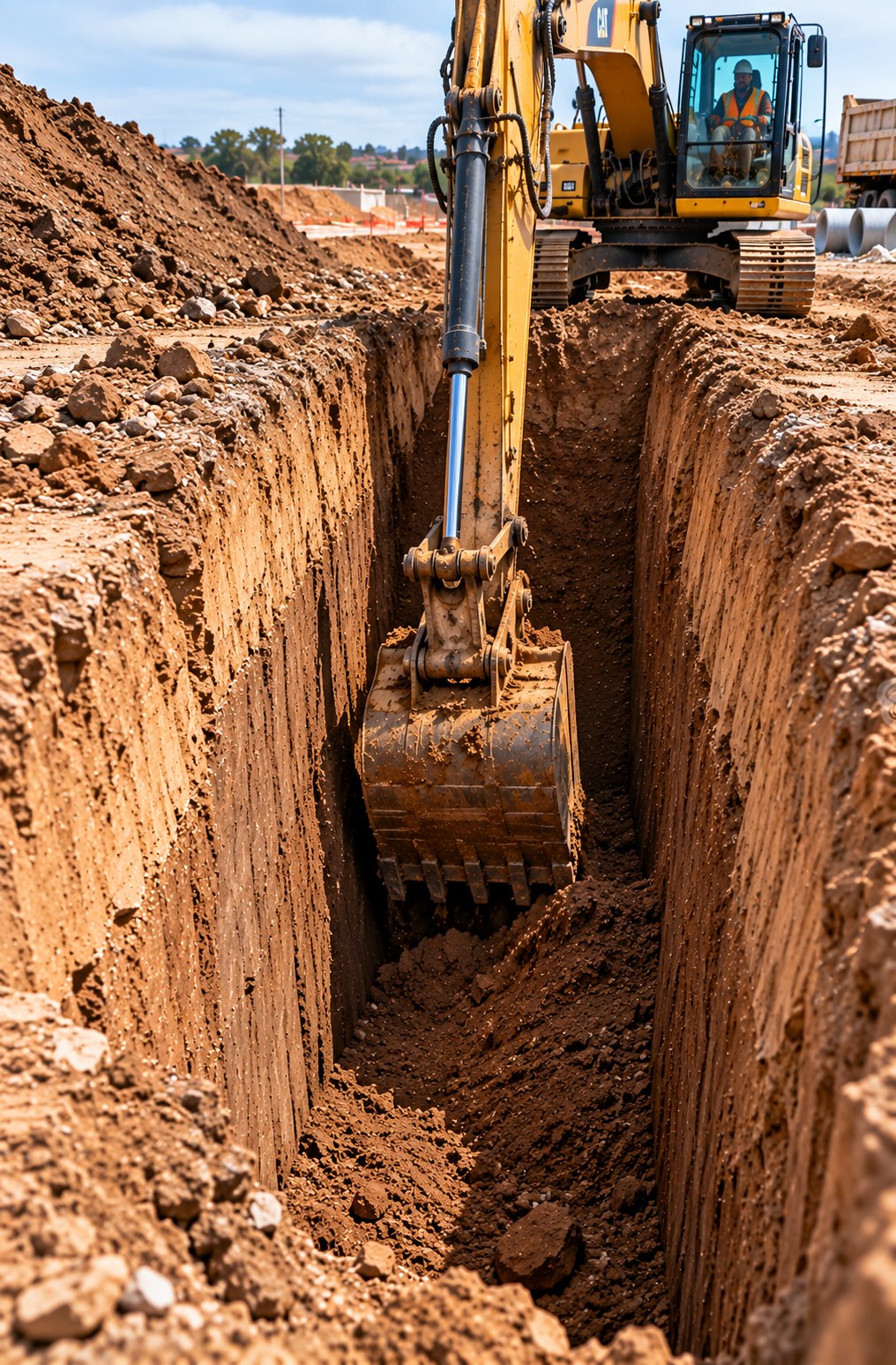 Excavator digging a deep construction trench for underground services