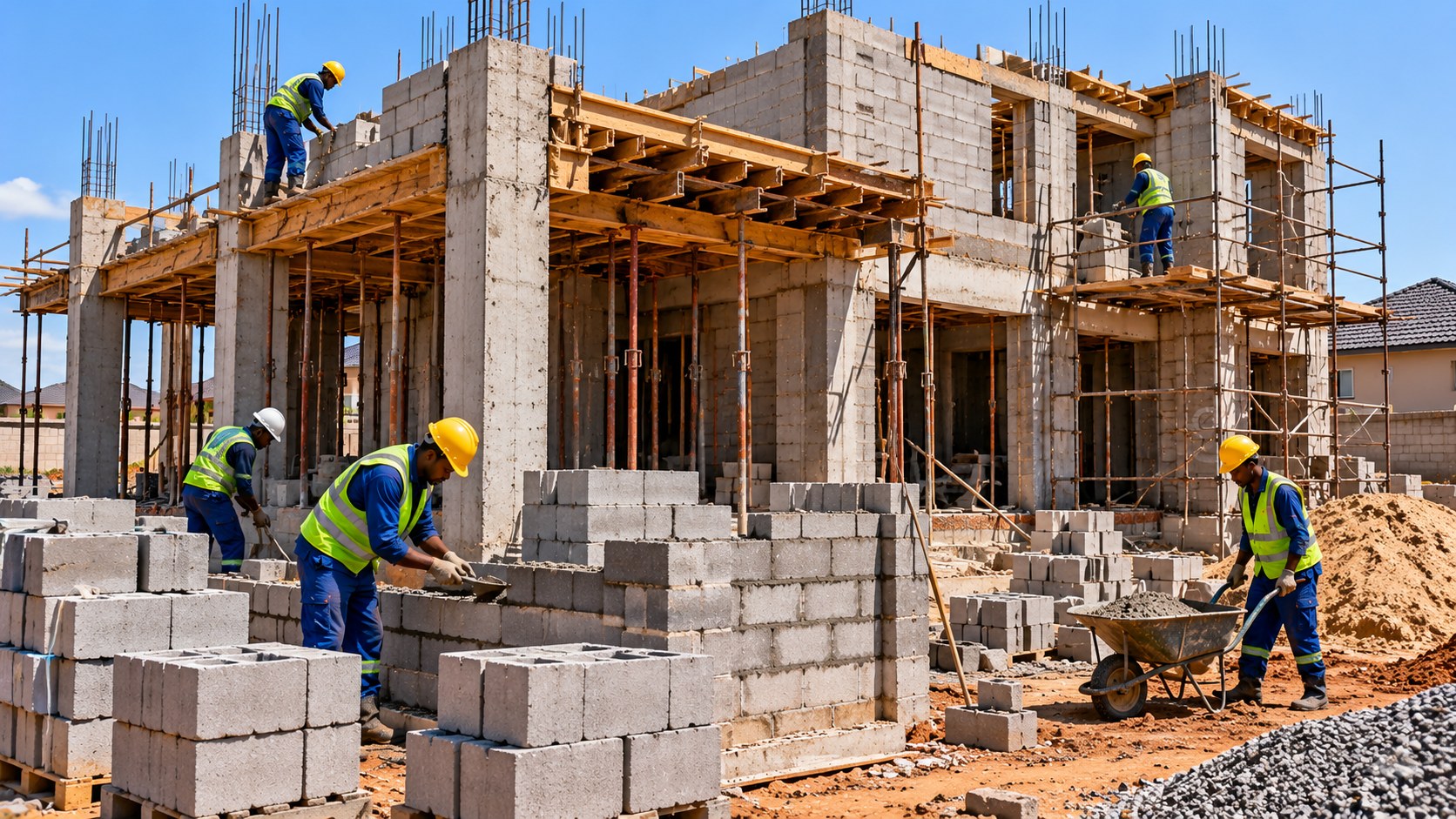 Residential building construction with concrete columns, block walls, scaffolding and builders at work