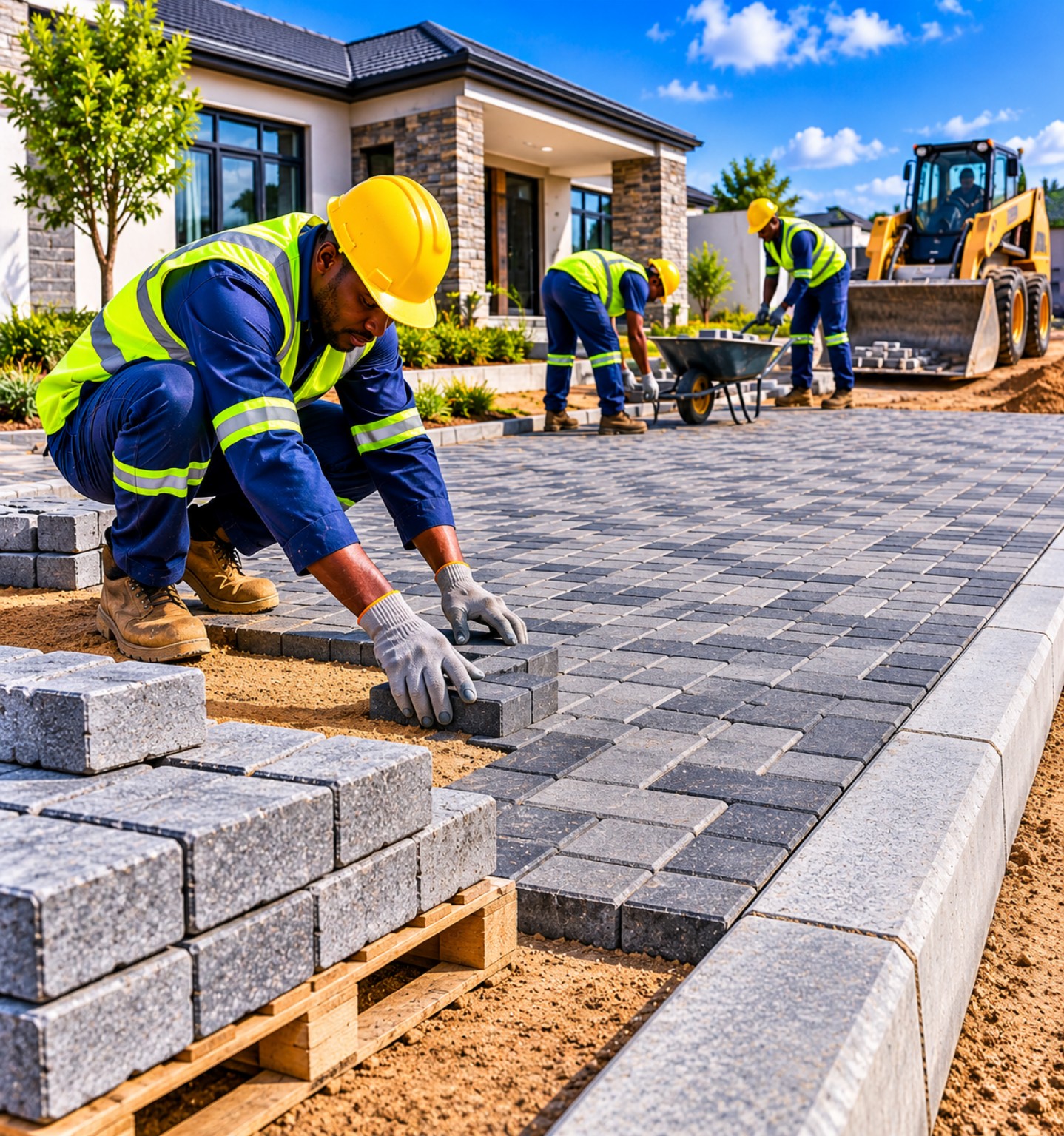 Construction workers installing paving