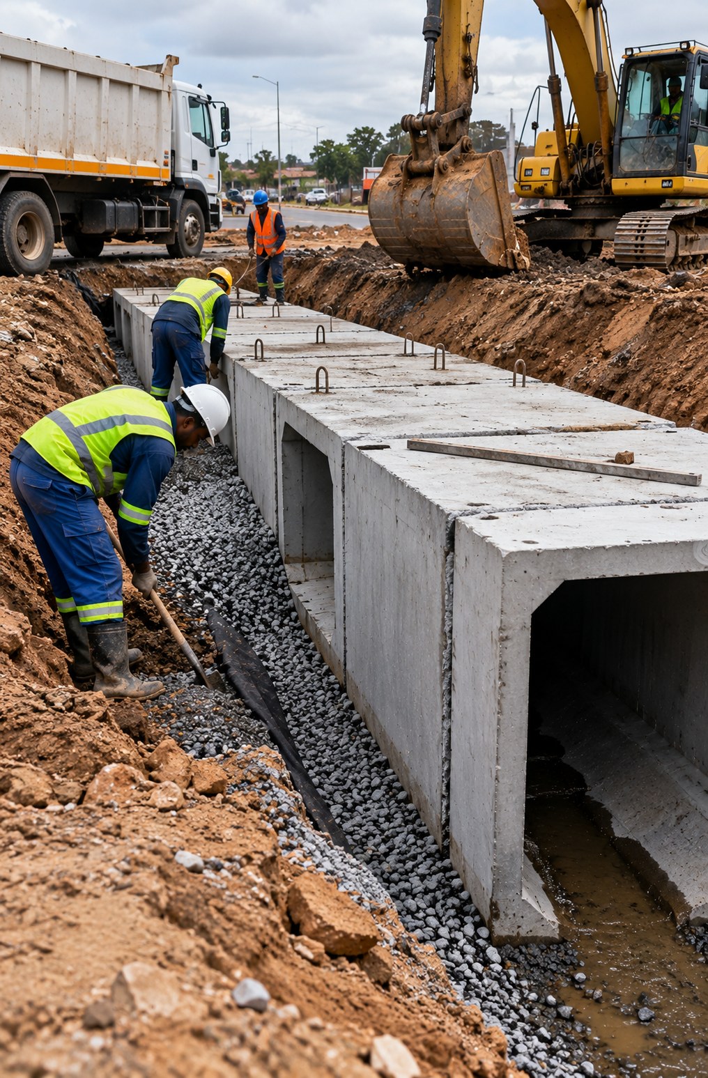 Workers installing precast concrete stormwater drainage culverts in a construction trench