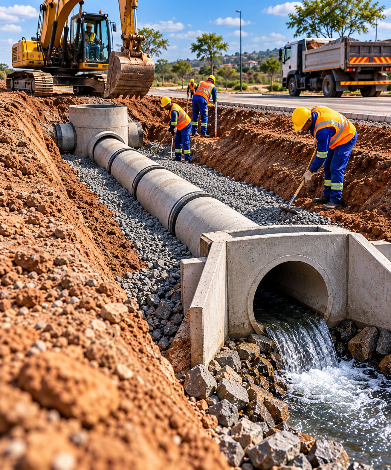 Large concrete drainage pipe laid in an excavated trench