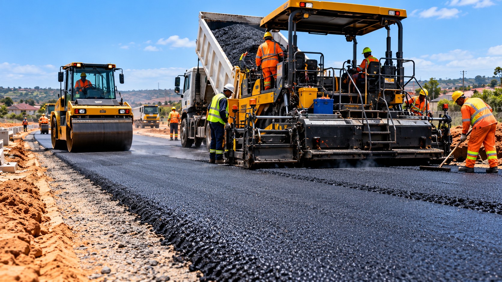 Road construction crew laying fresh asphalt for tar road surfacing and maintenance